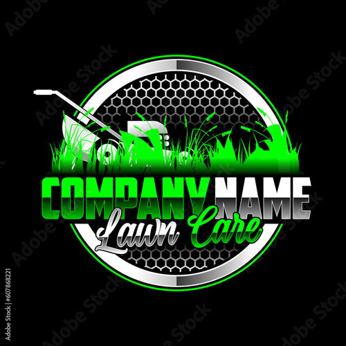 Lawn care logo design on black background. Featuring bold and vibrant graphics, it's sure to capture the attention of potential customers.