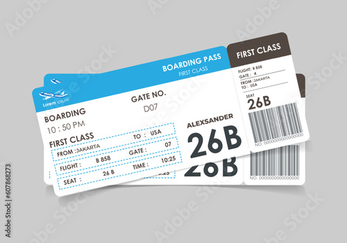 Colored and realistic boarding pass design composition with name of airline time and name on ticket