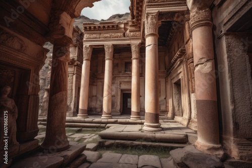 pristinely preserved ancient temple, with broken and toppled columns and archways, created with generative ai