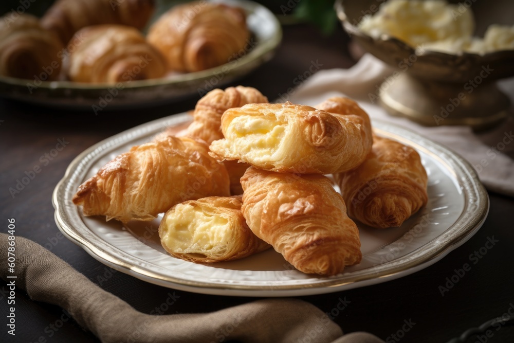 plate of flaky puff pastries filled with soft and creamy cheeses, created with generative ai plate of flaky puff pastries filled with soft and creamy cheeses, created with generative ai