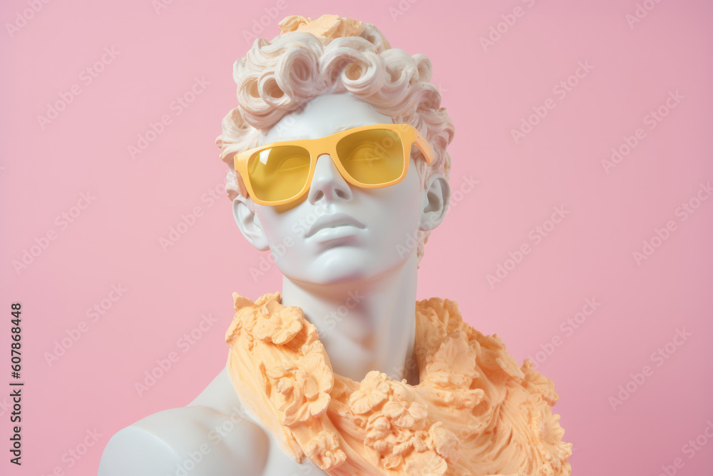 Ancient head sculpture wearing summer sunglasses. Generative ai