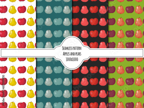A set of pears and appels seamless patterns 1000 by 1000 pixels with fruits. Vector graphics.