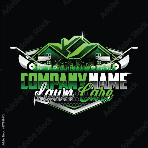 Lawn care logo design on black background. Featuring bold and vibrant graphics, it's sure to capture the attention of potential customers.
