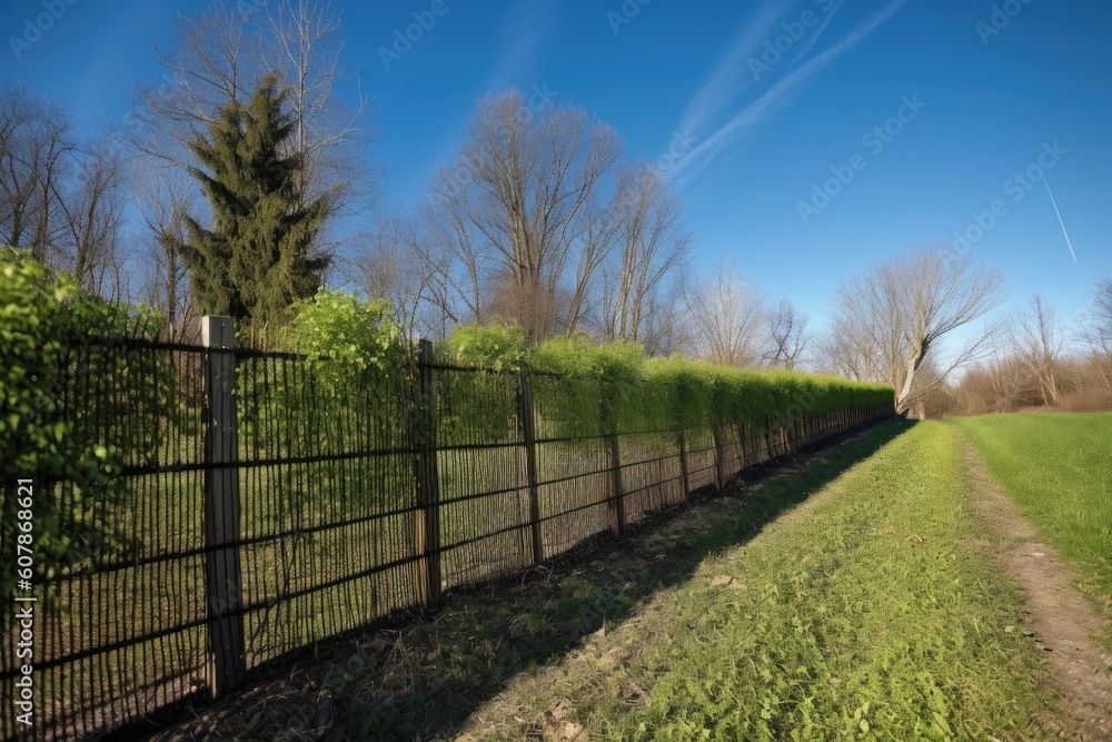 fence lined with freshly sprouted greenery against a clear blue sky, created with generative ai