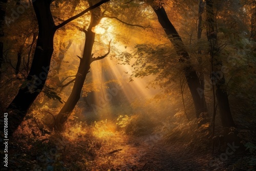 sunlight shining through the mist, a forest in golden light, created with generative ai