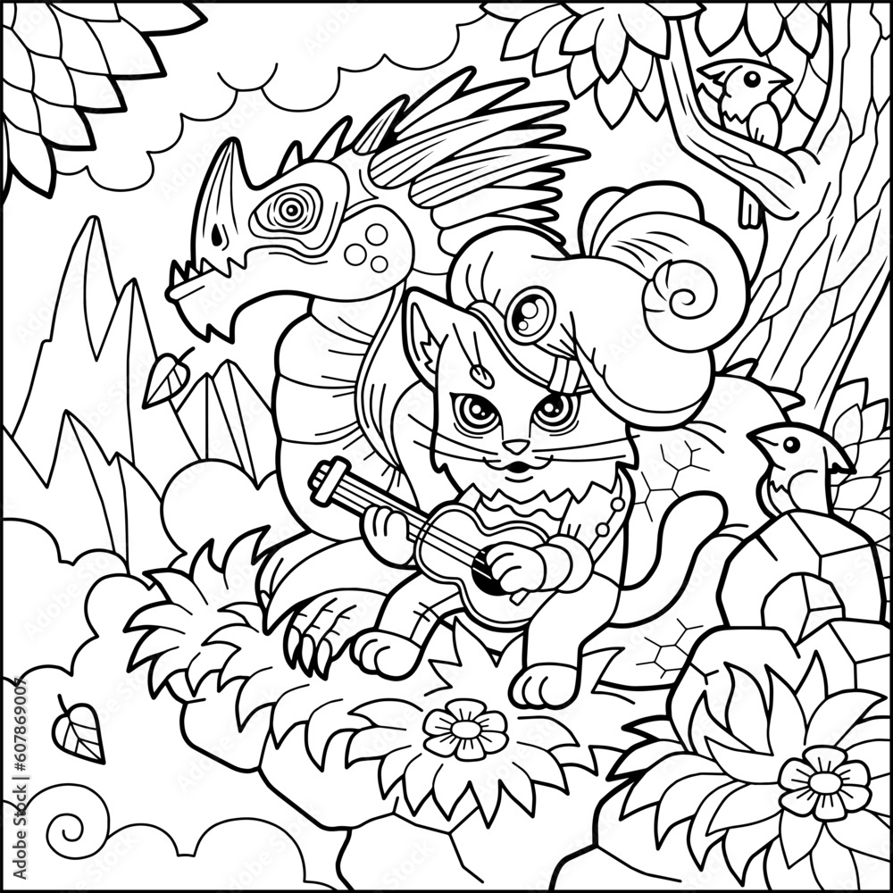 Fototapeta premium cute cat singer and dragon coloring book