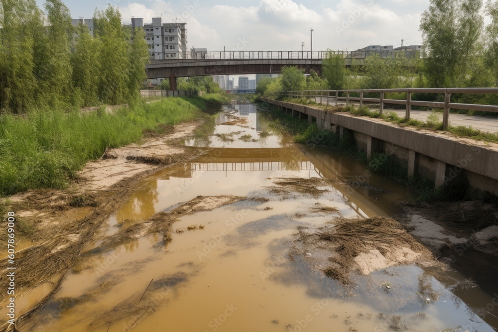 waterway with dangerously high levels of pollutants and chemicals, threatening the aquatic ecosystem, created with generative ai