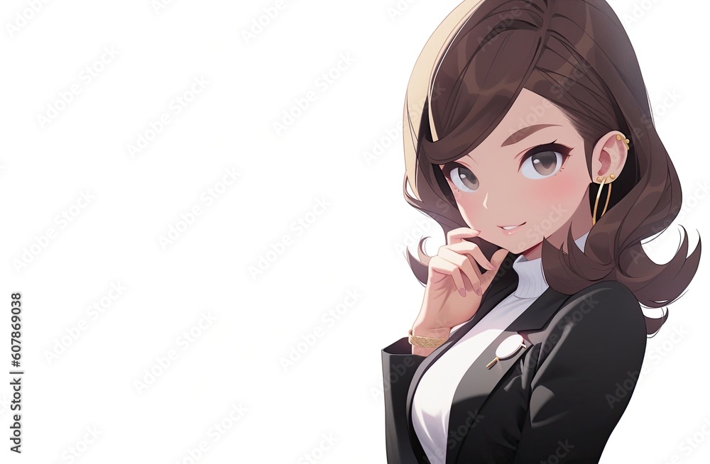 Asian Anime Woman Investment Banker White Background Very Pretty With Copyspace Generative AI Asian Anime Woman Investment Banker White Background Very Pretty With Copyspace Generative AI