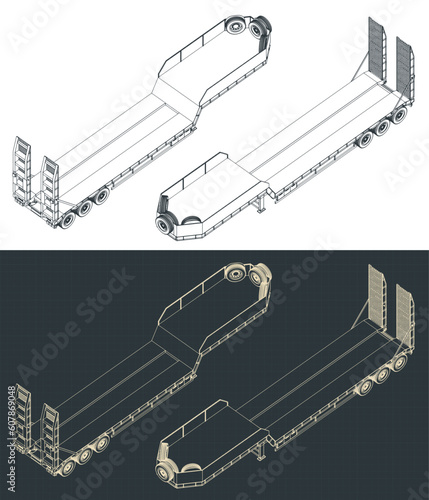 3 axle lowbed trailer isometric blueprints
