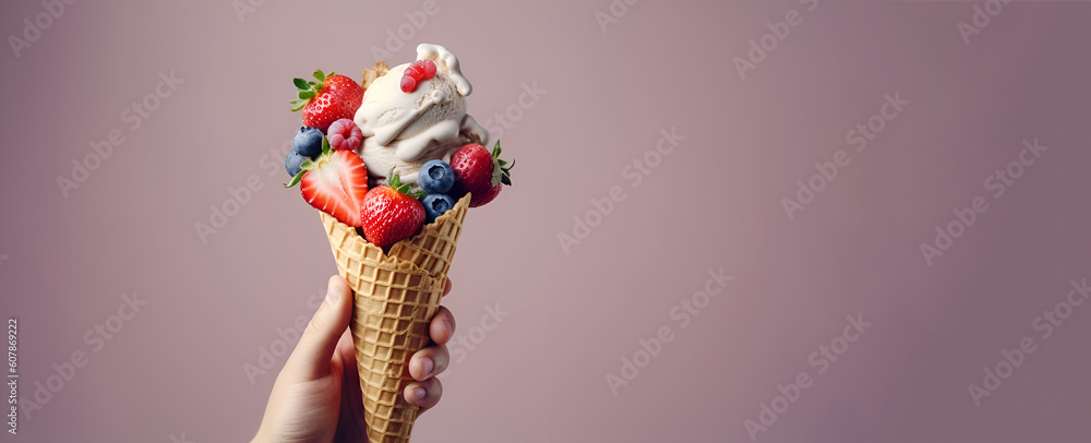 Woman's hand holds a cone of waffle ice cream, raspberries, strawberries, blueberries and other useful products are added on top of the cone.