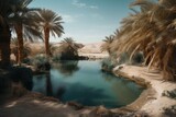 oasis with palm trees and clear blue water surrounded by desert landscape, created with generative ai