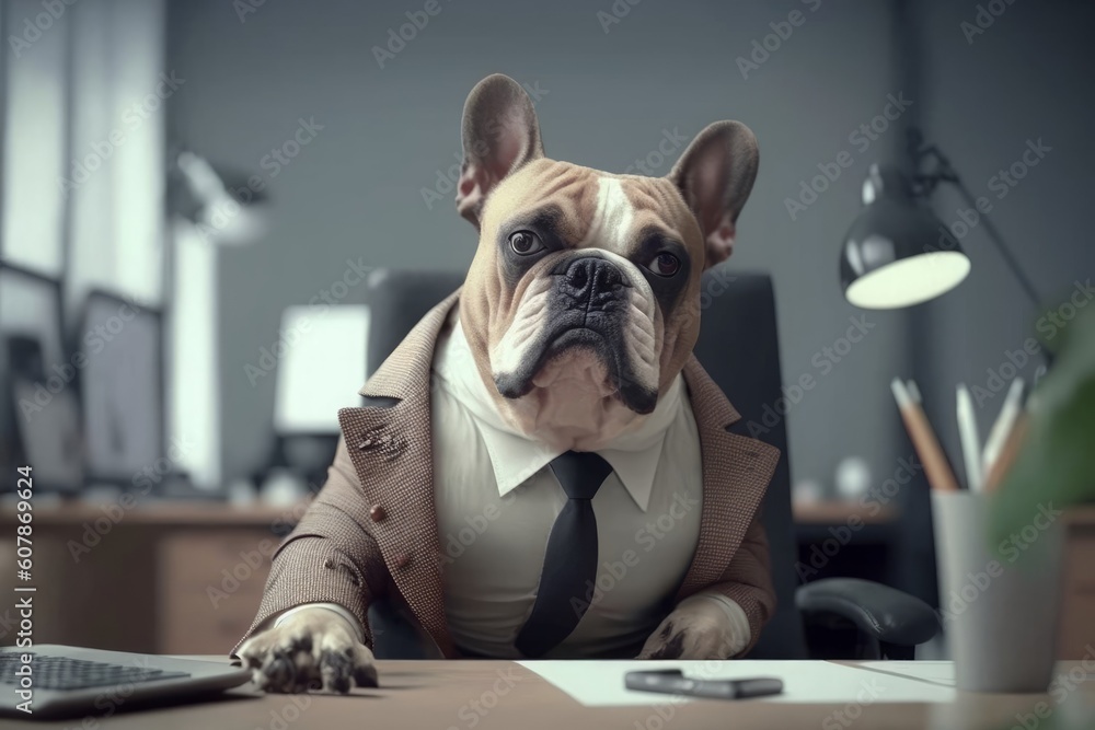 france buldog businessman in a stylish classic suit in the office ...