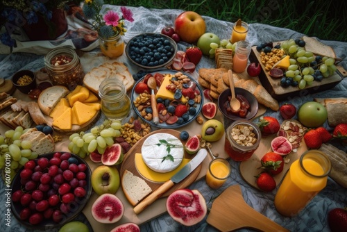creative and tasty picnic, with lots of variety in food and drinks, created with generative ai