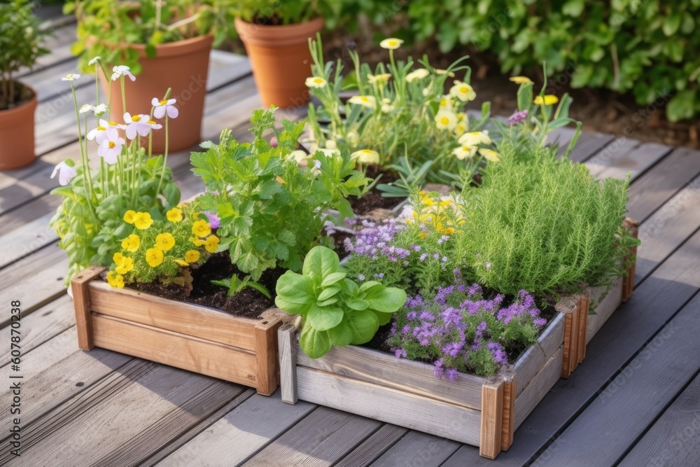 diy garden project with a variety of flowering plants and herbs, created with generative ai diy garden project with a variety of flowering plants and herbs, created with generative ai