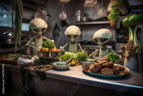 alien chefs preparing delicious and healthy earth meals inspired by their home planet cuisine, created with generative ai