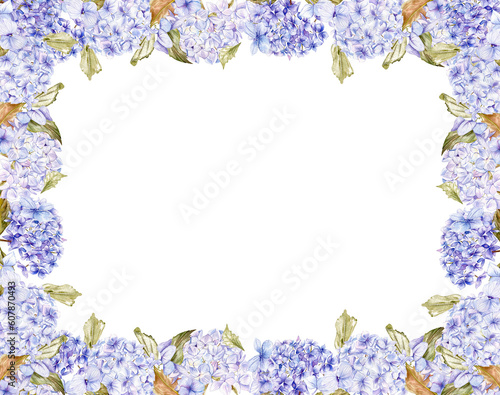 Autumn square frame with blue hydrangea. llustration of autumn for scrapbooking, invitation,greetings cards, party decoration,wedding stationary, greetings, fashion,posters, background.