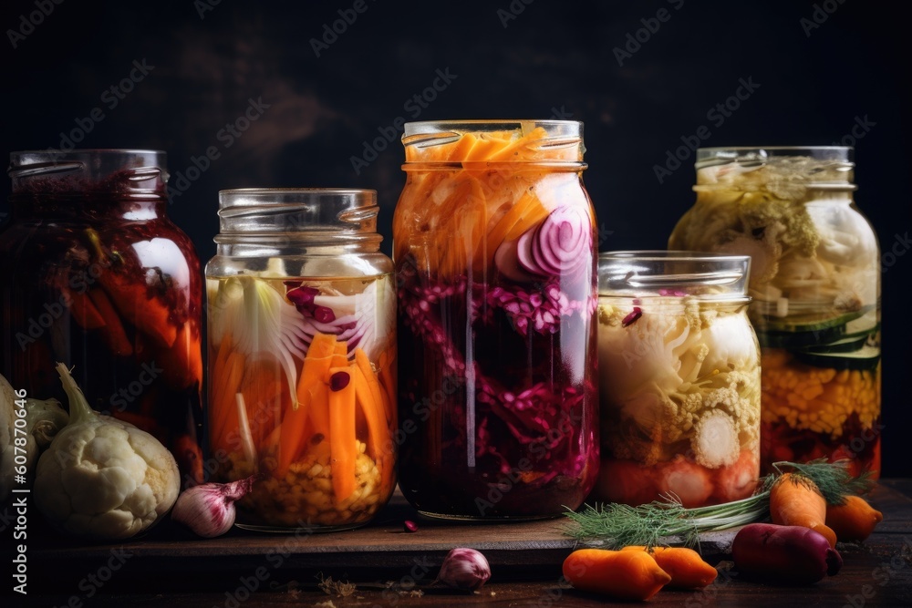 glass jar filled with various fermented vegetables, each with its own unique flavor, created with generative ai glass jar filled with various fermented vegetables, each with its own unique flavor, created with generative ai