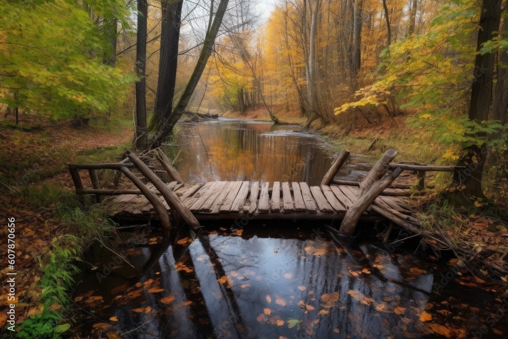crossing a rickety wooden bridge over a babbling creek in autumn forest, created with generative ai