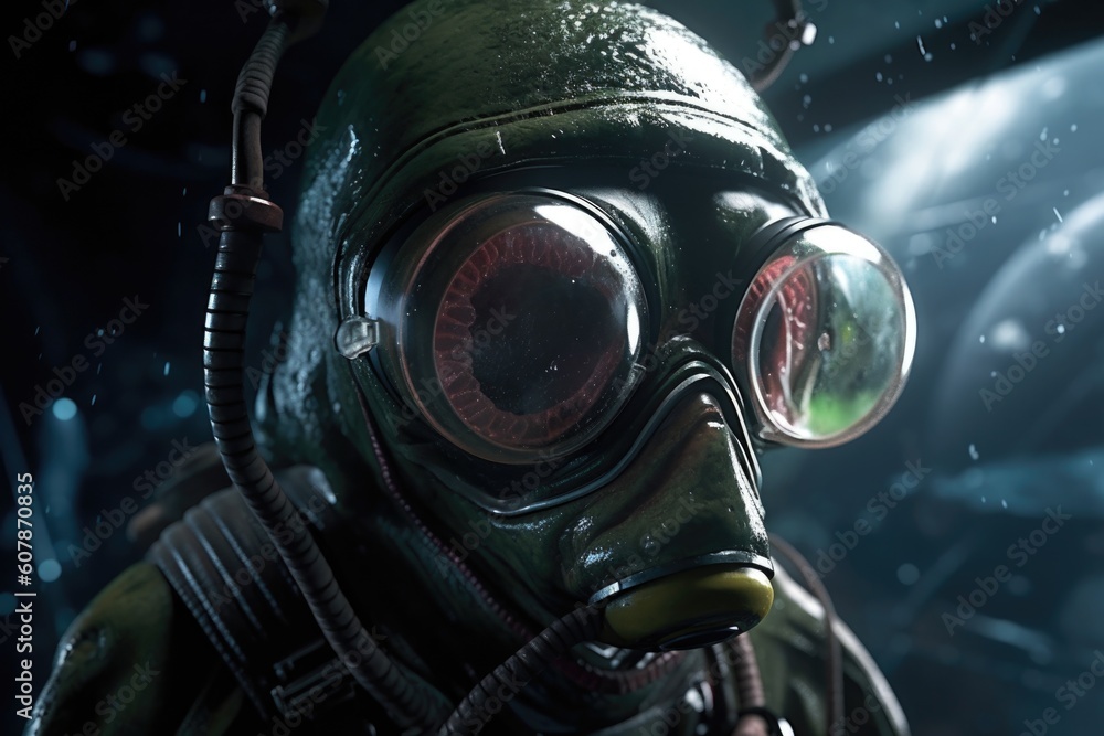 close-up of alien, with futuristic goggles and breathing mask, traveling through the cosmos, created with generative ai close-up of alien, with futuristic goggles and breathing mask, traveling through the cosmos, created with generative ai