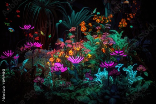 neon plant garden, with blooming flowers and buzzing bees, created with generative ai