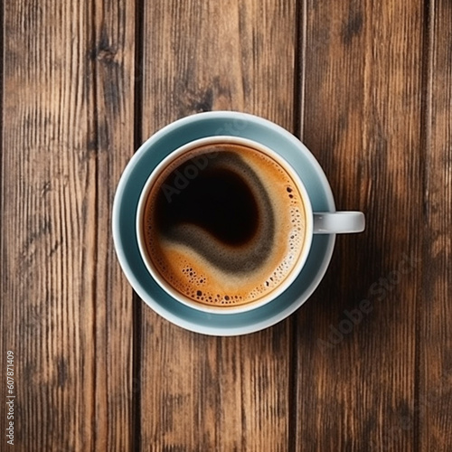 A cup of coffee on a wooden table that clearly shows the texture of the wood. Flat lay view. 