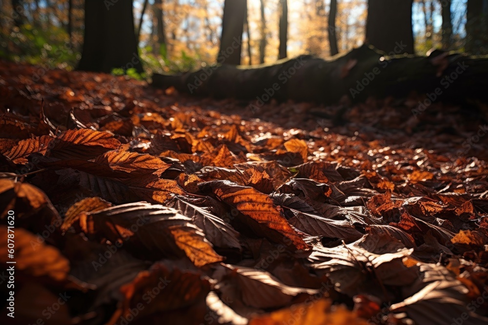 gorgeous close-up of fallen leaves, with the sun shining through them, created with generative ai gorgeous close-up of fallen leaves, with the sun shining through them, created with generative ai