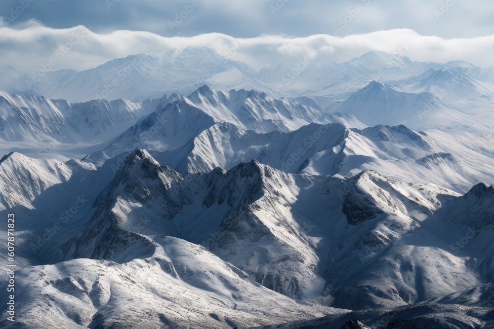 majestic mountain range covered in a blanket of snow, with the peaks rising above, created with generative ai majestic mountain range covered in a blanket of snow, with the peaks rising above, created with generative ai