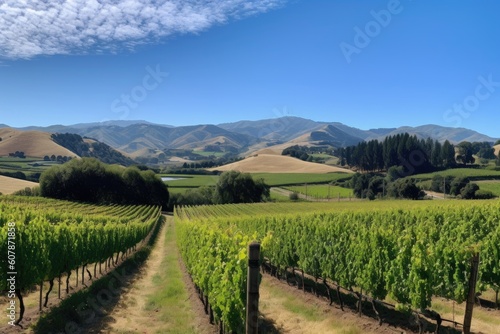 sunny day in vineyard with rolling hills and towering mountains in the background  created with generative ai