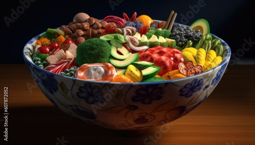 Illustration of a Japanese-style bowl filled with different fresh vegetables and fruits. Generative AI