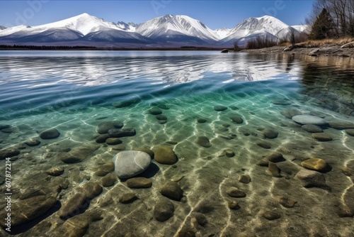 crystal clear lake with view of snowy mountain range in the background, created with generative ai