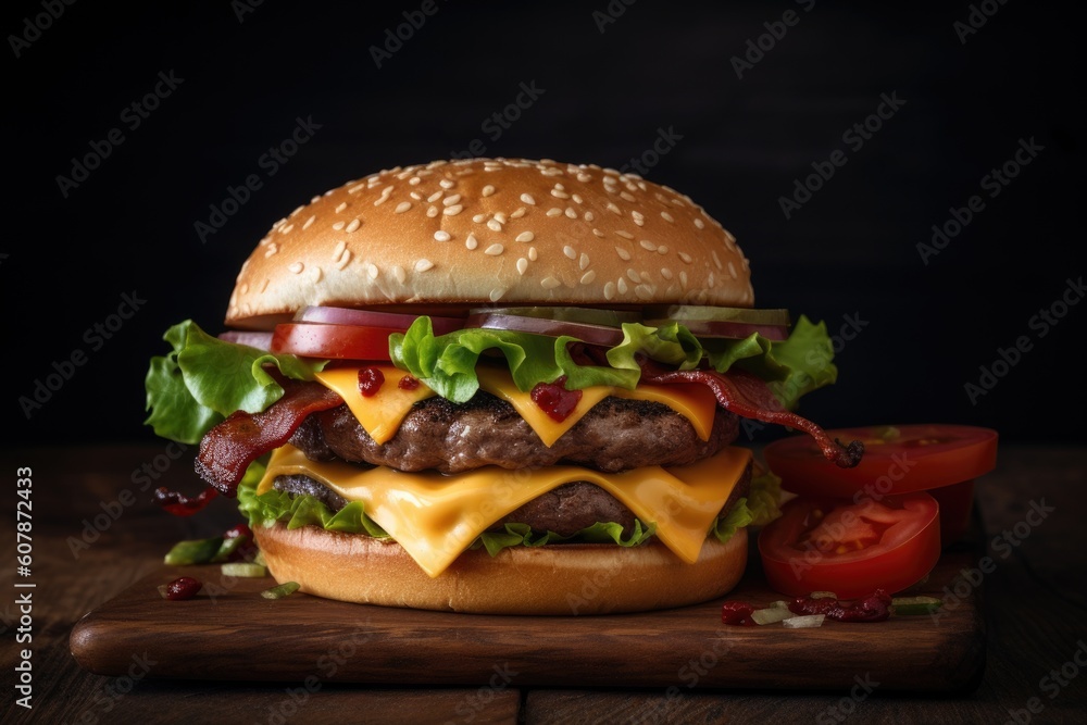 classic burger, with cheese and bacon, topped with juicy tomatoes and crispy lettuce on toasted bun, created with generative ai classic burger, with cheese and bacon, topped with juicy tomatoes and crispy lettuce on toasted bun, created with generative ai
