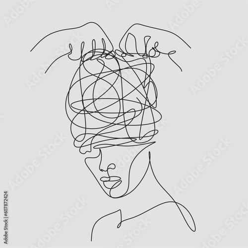 Continuous one-line art anxiety drawing art of stress confusing people because any problem. Vector illustration of woman mess feeling with round scribbles instead of a head. Mindfulness psychotherapy 