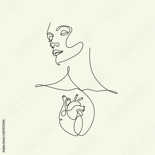 Line art sketch of human heart with woman, vector illustration. Health care cardiology creative concept. Vector minimalist pictogram of a human internal organ, outline logo for cardiology clinic.