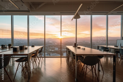 co-working space with view of sunset over the horizon  created with generative ai