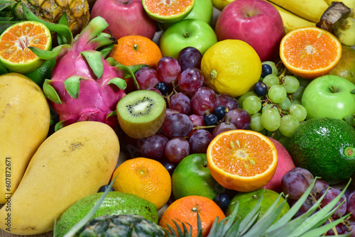 assorted fruits, top view healthy food concept Including high vitamin fruits, fresh fruits, thai fruits