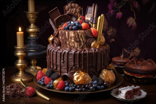 an extravagant chocolate cake with a towering frosting and piped design, surrounded by other decadent desserts, created with generative ai