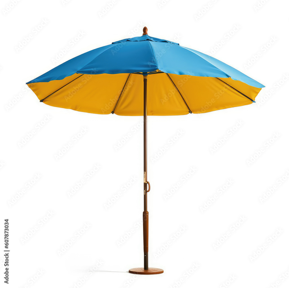 Big blue and yellow beach umbrella isolated on white background