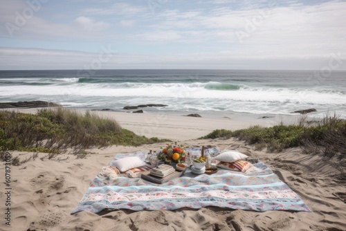 picnic blanket spread on beach, with view of the ocean and waves in the background, created with generative ai © altitudevisual