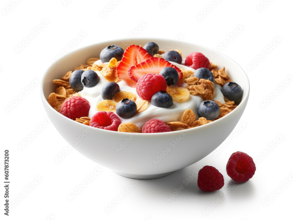 Bowl of cereal with berries and yogurt on a white background Bowl of cereal with berries and yogurt on a white background