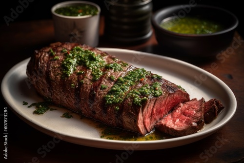 flank steak thinly sliced and served with chimichurri sauce and a side salad on a plate