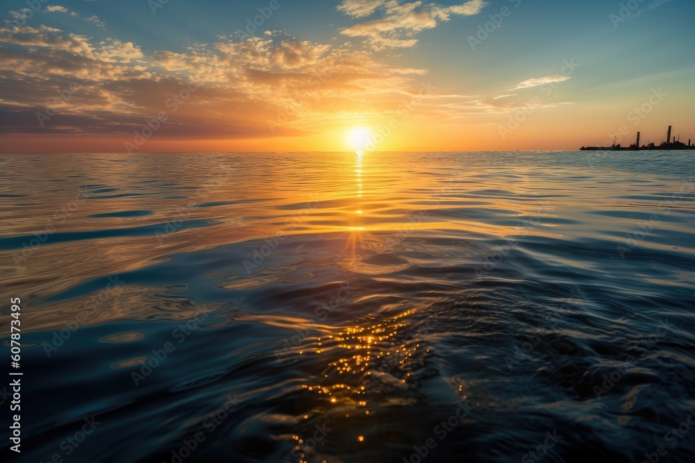 rising sun shines over oil slick in calm and peaceful ocean, created with generative ai
