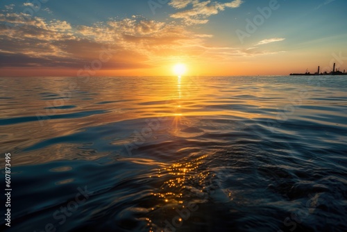 rising sun shines over oil slick in calm and peaceful ocean  created with generative ai