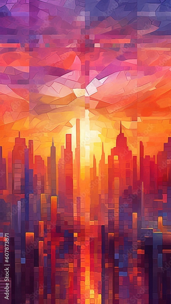 Golden Hour Brilliance: Vibrant Cityscape with Reflective Buildings at Sunset - AI Generative