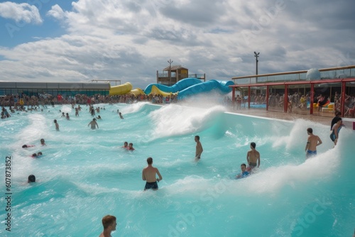 waterpark with huge wave pool, with waves crashing and people jumping in, created with generative ai photo