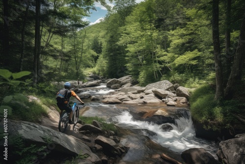 mountain biker on technical singletrack, with view of rushing creek in the background, created with generative ai