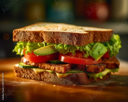 Tempeh sandwich with fresh lettuce, tomato, and avocado on whole-grain bread