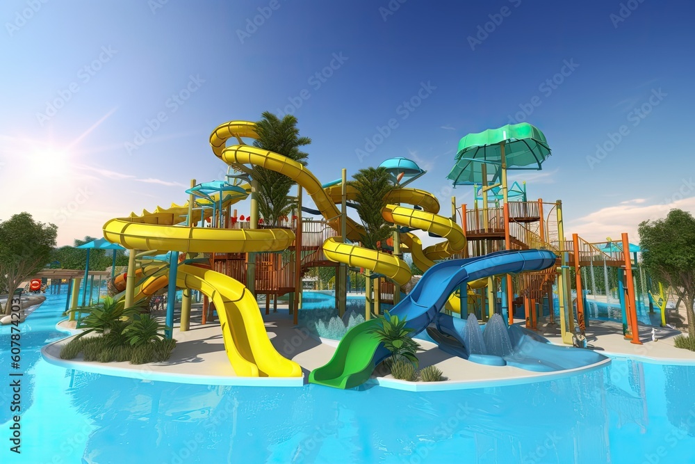 water park with creative and unique slides, such as floating tube slide or water coaster, created with generative ai water park with creative and unique slides, such as floating tube slide or water coaster, created with generative ai