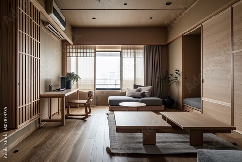 apartment in japanese style with minimalist furniture and wooden accents  created with generative ai