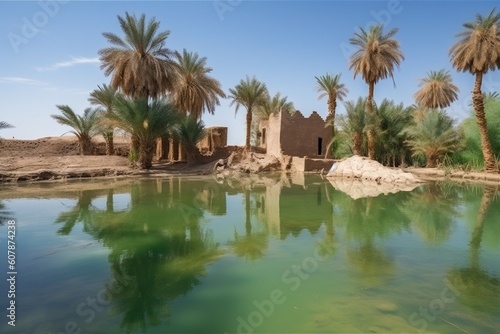 oasis surrounded by ruins of ancient civilization, with palm trees and clear water, created with generative ai © altitudevisual