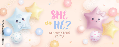 He or she? Cartoon gender reveal invitation template. Horizontal banner with realistic helium balloons. Vector illustration